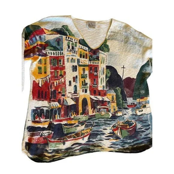 Michael Leu Sweater Size 1X Art Apparel Group Cotton Italian Scene V Neck - Picture 7 of 16
